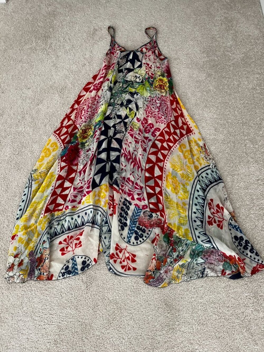 Johnny Was Red Yellow Multicolor Floral Patchwork Midi Dress - Picture 5 of 8